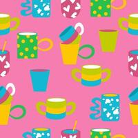 Bright pink pattern with cups. Colourful seamless design of eclectic kitchen decor. vector