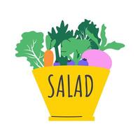 Handdrawn salad bowl with green vegetables, carrot, beetroot and blueberries. Healthy eating vector concept.