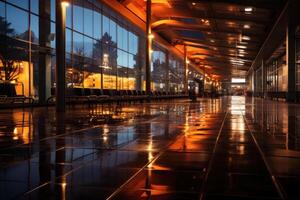 ai generado un tranquilo y pulido aeropuerto terminal a oscuridad, reflejado en el brillante piso, emanando un sereno viaje atmósfera con espacioso ambiente foto