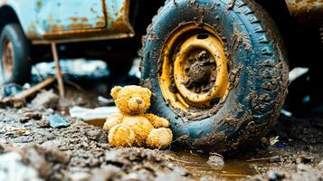 ai generado un conmovedor escena con un sucio felpa oso siguiente a un neumático evoca un sentido de pérdida y indiferencia para la carretera seguridad. foto