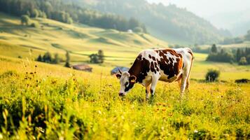 AI Generated spotted cow grazing on a green farm meadow. bathed in golden sunlight, against a picturesque backdrop. photo