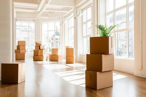 AI Generated Spacious room filled with stacked cardboard boxes, symbolizing moving or delivery, with large windows and natural light. photo