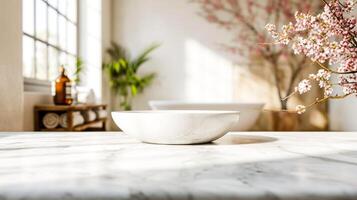 AI Generated Sunlit modern bathroom with a minimalist marble sink and spring blossoms adding a serene touch. Serene Bathroom Elegance. photo