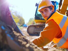 AI generated young construktion worker working on road and look back photo