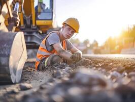 AI generated young construktion worker working on road and look back photo