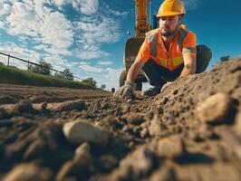 AI generated young construktion worker working on road and look back photo