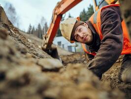 ai generado joven construccion trabajador trabajando en la carretera y Mira espalda foto