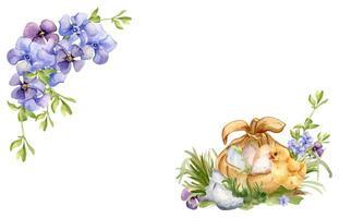 Easter watercolor banner with eggs in bundle of fabric isolated on white. Egg shell and chick on grass hand painted for Easter design in neutral color. First blue spring flowers and little bird vector