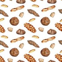 Different type of baguette and rye bread watercolor seamless pattern isolated on white. Hand drawn loaf. Painted challah. Illustration of bread. Element for design bakery, package, paper wrapping vector
