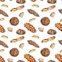 Different type of baguette and rye bread watercolor seamless pattern isolated on white. Hand drawn loaf. Painted challah. Illustration of bread. Element for design bakery, package, paper wrapping vector