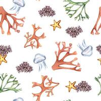 Watercolor seamless pattern of sea plants and starfish isolated on white. Seaweeds and coral hand drawn. Painted colorful algae print. Design element for textile, paper, packaging, marine collection. vector