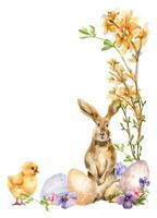 Easter floral watercolor frame with rabbit and eggs isolated on white. Farm landscape with spring yellow and blue flowers hand drawn for Easter card in neutral color. Illustration with chick and hare vector