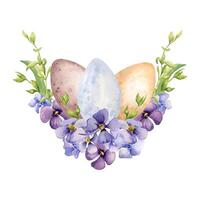 Easter watercolor illustration with colorful eggs and first spring flowers isolated on white. Floral composition with eggs hand painted for Easter design in neutral color. Blue periwinkle painted vector