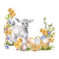 Easter floral watercolor illustration with pets and eggs in basket isolated on white. Farm landscape with spring yellow and blue flowers hand painted for Easter design in neutral color. Rural view. vector