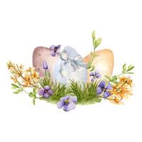 Easter watercolor illustration with colorful eggs and spring flowers isolated on white. Varicolored eggs with primrose hand painted for Easter design in neutral color. Yellow forsythia, forget-me-not vector