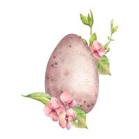 Easter watercolor illustration with colorful egg and spring flowers isolated on white. Easter egg with pink hydrangea hand painted for Easter design in neutral color. Template floral Easter card vector