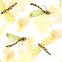 Dragonflies on watercolor backdrop seamless pattern isolated on white. Flying insects illustration hand drawn. Colorful sketch bugs with transparent wings. Design for textile, tableware, wrapping vector