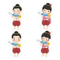Kids holding water gun and smile in Thai traditional dress set vector