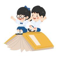 little kids riding a book and fly cartoon vector