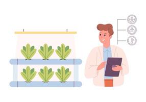 Hydroponics technology for plants growing. Vertical farming. Scientist or biologist grows plants in hydroponic farm. Smart farm vector
