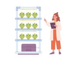 Hydroponics technology for plants growing. Vertical farming. Scientist or biologist grows plants in hydroponic farm. Smart farm vector