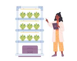 Hydroponics technology for plants growing. Vertical farming. Scientist or biologist grows plants in hydroponic farm. Smart farm vector