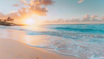 ai generado hermosa puesta de sol en el playa con suave olas y pasteles colores foto