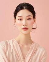 ai generado foto de un asiático hembra modelo en rosado antecedentes