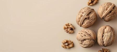 AI generated Assorted nuts on light brown backdrop with generous empty area for creative text placement photo