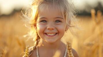 AI generated Cheerful girl smiling in sunlit wheat field at sunset, enjoying the peaceful moment photo