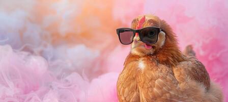 AI generated Stylish chicken with sunglasses on pastel background, isolated with space for text placement photo