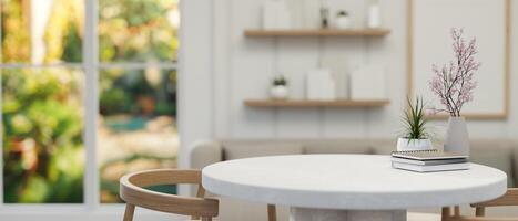 un espacio para mostrando productos en un blanco redondo mesa en un hermosa minimalista vivo habitación. foto