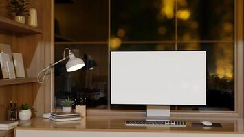 un contemporáneo oficina con un computadora Bosquejo en un de madera escritorio en contra el ventana con un noche vista. foto