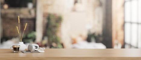 A presentation space on a wooden desk in a beautiful Scandinavian coffee shop. photo