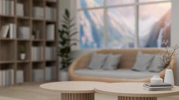 un de cerca imagen de un mínimo de madera café mesa en un cómodo, escandinavo vivo habitación. foto