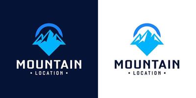 mountain view silhouette and location pin logo design vector