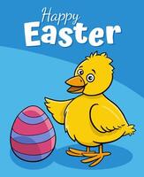 cartoon Easter chick with colored egg greeting card vector