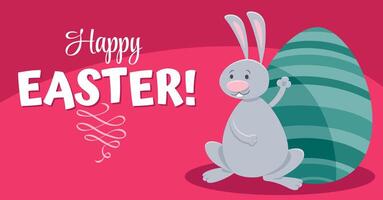 happy cartoon Easter bunny with painted egg greeting card vector