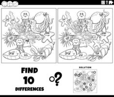 differences activity with cartoon marine animals coloring page vector