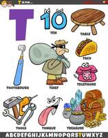 Letter T set with cartoon objects and characters vector