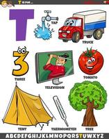 Letter T set with cartoon objects and characters vector