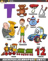 Letter T set with cartoon objects and characters vector