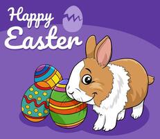 cartoon Easter Bunny with colored eggs greeting card vector