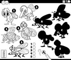 finding shadows activity with cartoon flies coloring page vector