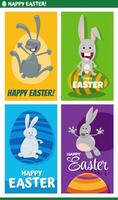 cartoon Easter bunnies with painted eggs greeting cards set vector