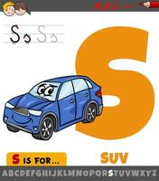 letter S worksheet with cartoon suv car vehicle vector