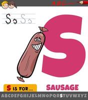 letter S worksheet with cartoon sausage food object vector