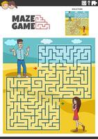 maze game activity with cartoon  young couple characters vector