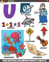 Letter U set with cartoon objects and characters vector