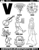 Letter V set with cartoon objects and characters coloring page vector